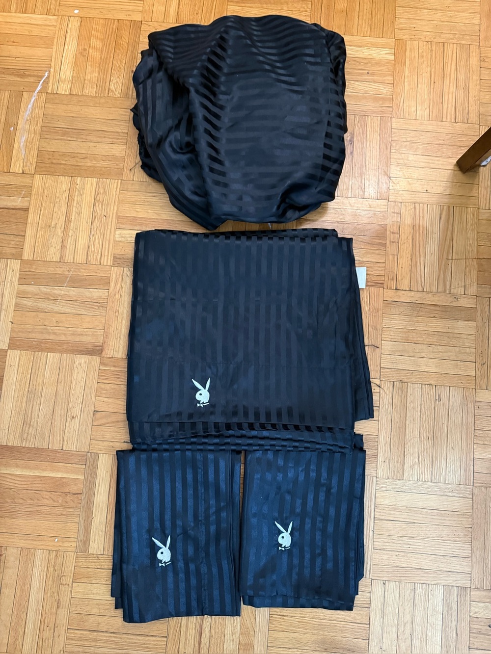 PLAYBOY HOME Full Satin Sheet Set Black Damask Stripe Y2K Bunny Embroidered 4pc